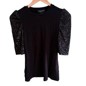 NWOT Rachel Zoe, women's black blouse with sequined puff short sleeves size XS